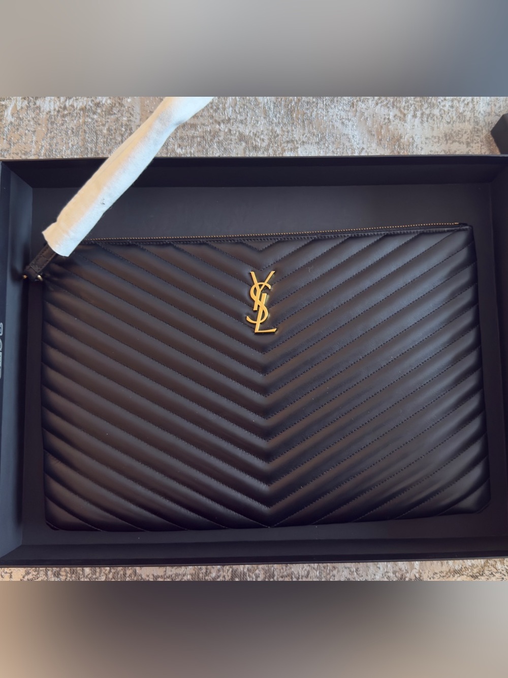 NWT Saint Laurent Chevron Leather Wrist Pouch with Gold YSL currently in stores - Picture 2 of 5